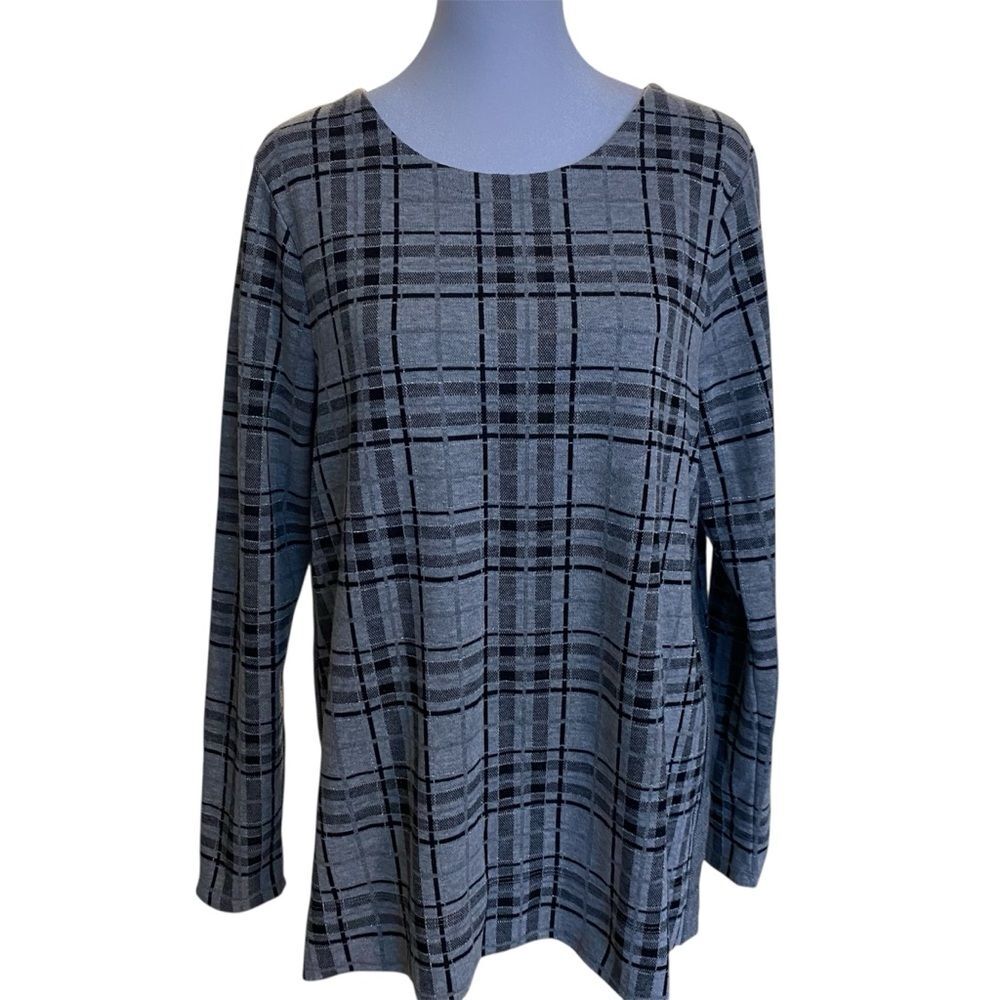 J. Jill Plaid Sweatshirt Women’s Size M Gray Black Pullover Casual Minimalist